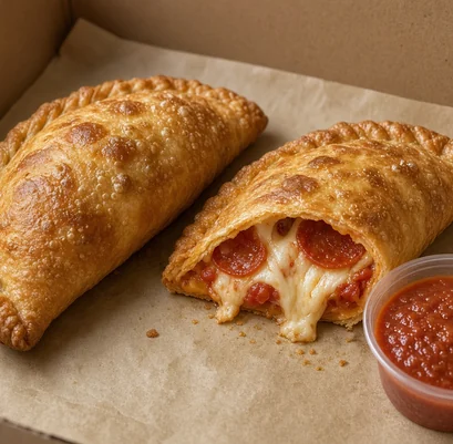 Two panzerotti with tomato dipping sauce