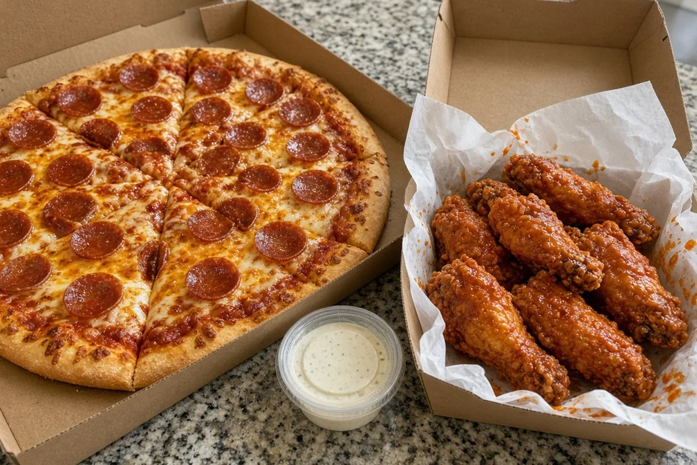 Pepperoni pizza with a box of chicken wings and a garlic dip